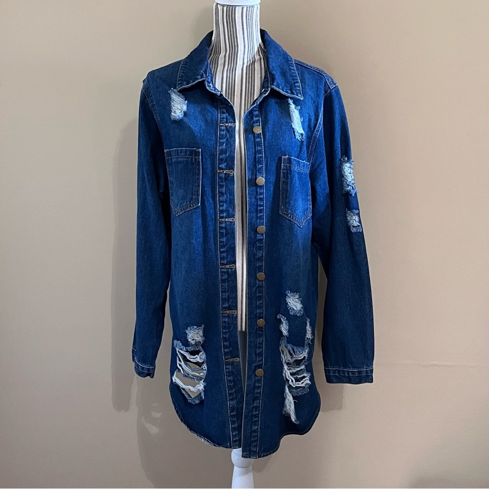 Tanming Women’s Blue Denim Distressed Destroyed Long Sleeve Button Up Shirt L